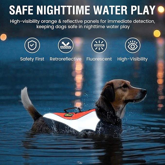 Large Dog Life Jacket with Rescue Handle - Large Reflective Adjustable Dog Flotation Vest, High Buoyancy Pet Swim Gear for Boating, Pool Safety(L, Orange)