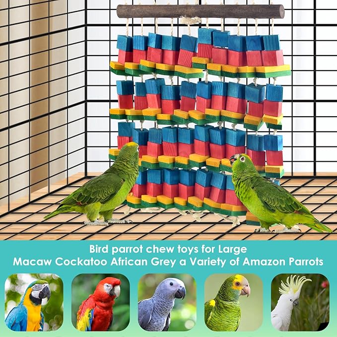 Extra Large Bird Toys, 21.6inch XL Macaw African Grey Parrot Chewing Toys, Natural Wooden Block Knots Tearing Toy Parrot Cage Accessories for Big Birds
