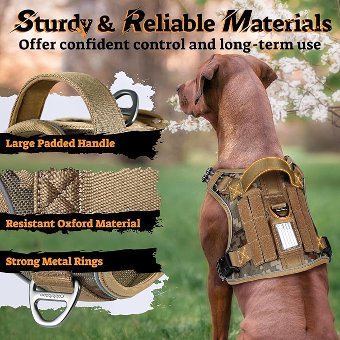 rabbitgoo Dog Harness for Large Dogs No Pull, Tactical Service Pet Vest with Molle and Control Handle, Adjustable and Reflective Military Harness for Easy Walking and Training, Desert camo, L