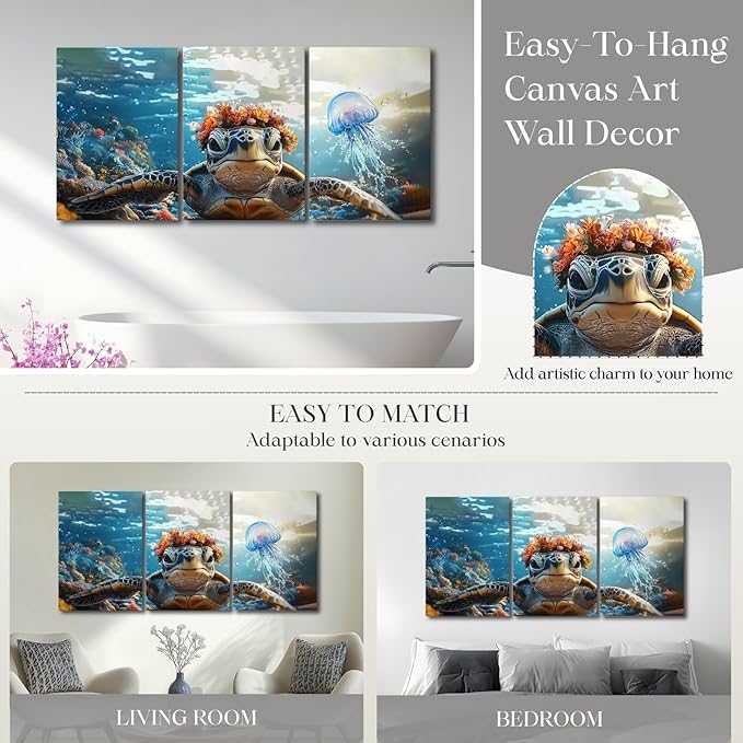 Wivsev Sea Turtle Canvas Wall Art,Under Sea Wall Art,Sea Life Pictures Wall Decor,Ocean Animal Painting for Bathroom,Living Room,Bedroom (12" x 18" x 3 pcs)