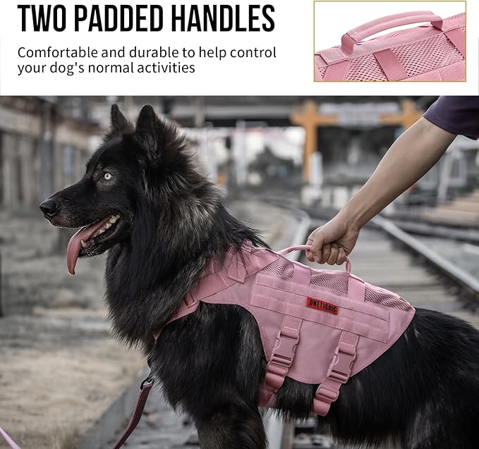 OneTigris Tactical Dog Harness for Small Dog, No Pull Small Dog Vest Harness with Handles Breathable Military Molle Vests for Walking Hiking Training (Pink, Large)