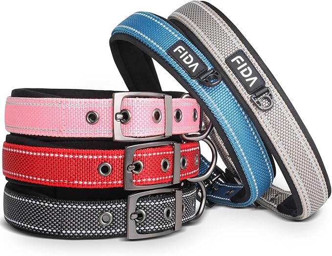 Fida Heavy Duty Dog Collar, Ultra Comfortable Soft Neoprene Padded, Adjustable Reflective Nylon Pet Collar with Durable Metal Belt Buckle for Medium Breeds (M, Blue)