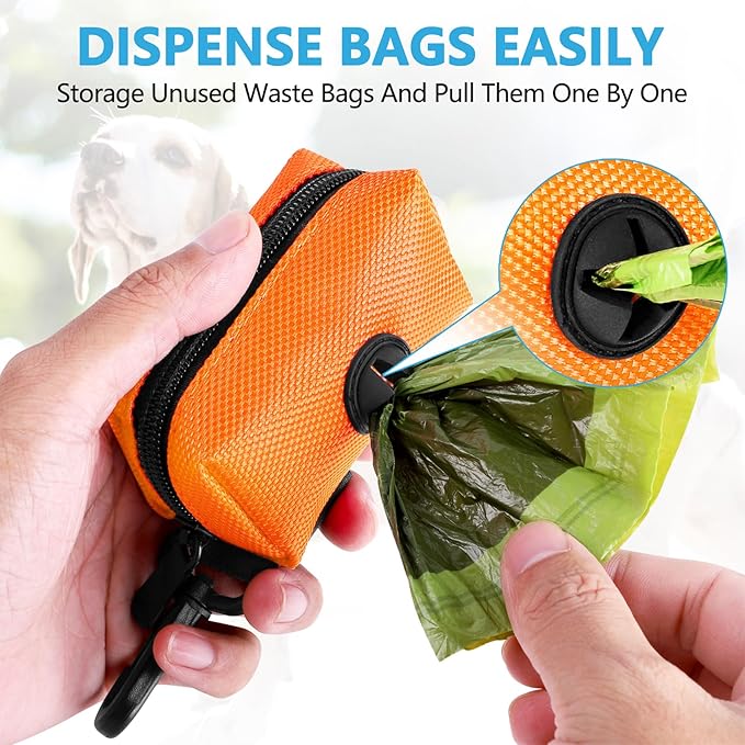Dog Waste Bag Dispenser Pet Poop Bags Holder for Doggie Waste Bags Dispensers Soft Fabric Zipper Small Doggy Puppy Pouch for Leash Accessory Attachment with Carrier,Orange