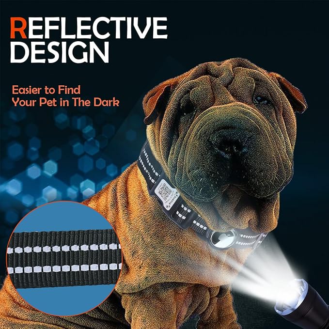 Reflective Dog Collar with Apple AirTag Holder & QR Code Pet ID Tag,Soft Nylon Adjustable Dog Tracker Collar with Safety Lock for Medium Dogs(Black, M)