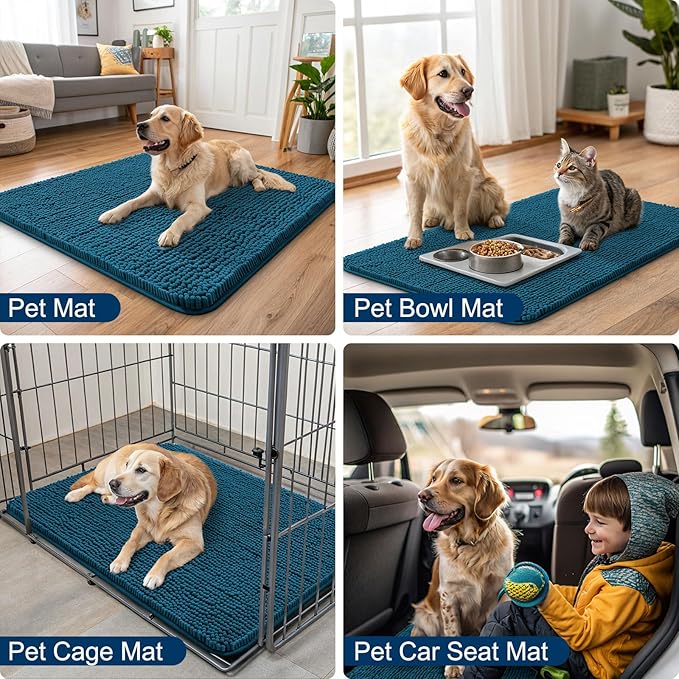 Smiry Dog Door Mat for Muddy Paws 24x16, Absorbs Moisture and Dirt Doormat, Non-Slip Washable Quick Dry Chenille Front Door Mat Indoor Entrance, Entryway Carpet for Inside Floor, Atlantic Blue