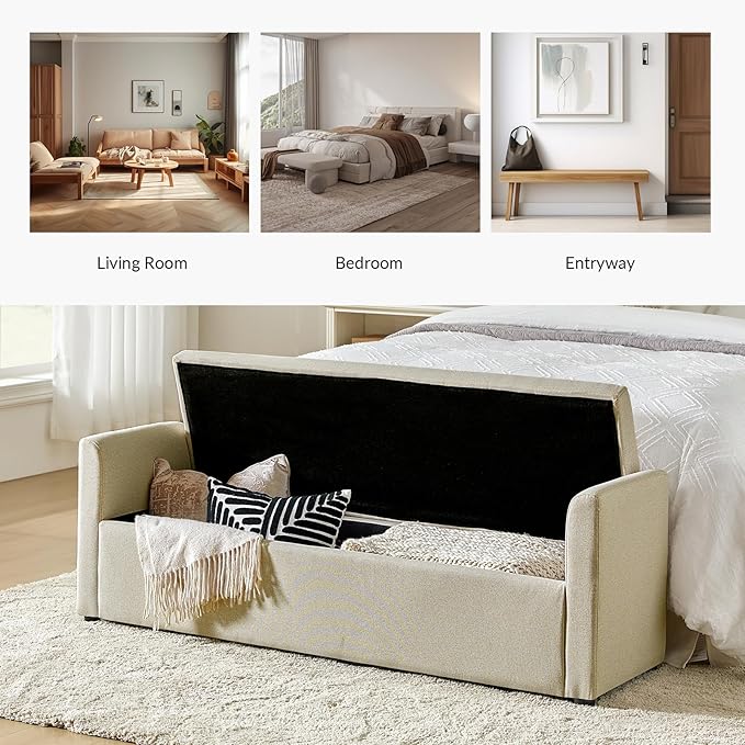 HULALA HOME Modern Storage Bench with Throw Pillows, 59.4" Extra Long Bedroom Ottoman Bench for End of Bed, Comfy Upholstered Footstool for Entryway Dining Room Living Room, Beige