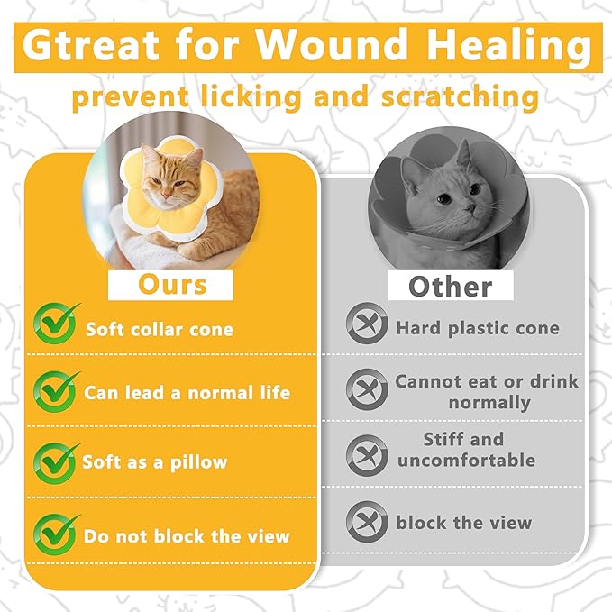 Cat Cone Collar Soft, Waterproof Cats Cones to Stop Licking After Surgery, Adjustable Soft Elizabeth Cats Collars for Wound Healing, Flower Shape Cat Recovery Collar (Yellow, X-Small)