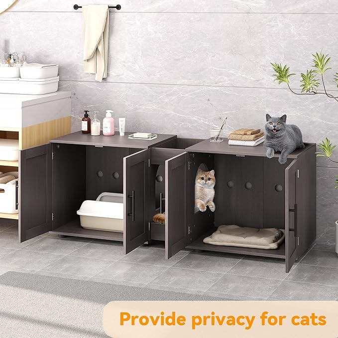 Gaomon Litter Box Enclosure with Double Room,Cat Hidden Litter Box Enclosure Furniture for 2 Cats with Double Room, 55”L x 17.7”W x 22.5”H Cat House,Wooden Enclosed Cat Litter Box Furniture,Walnut