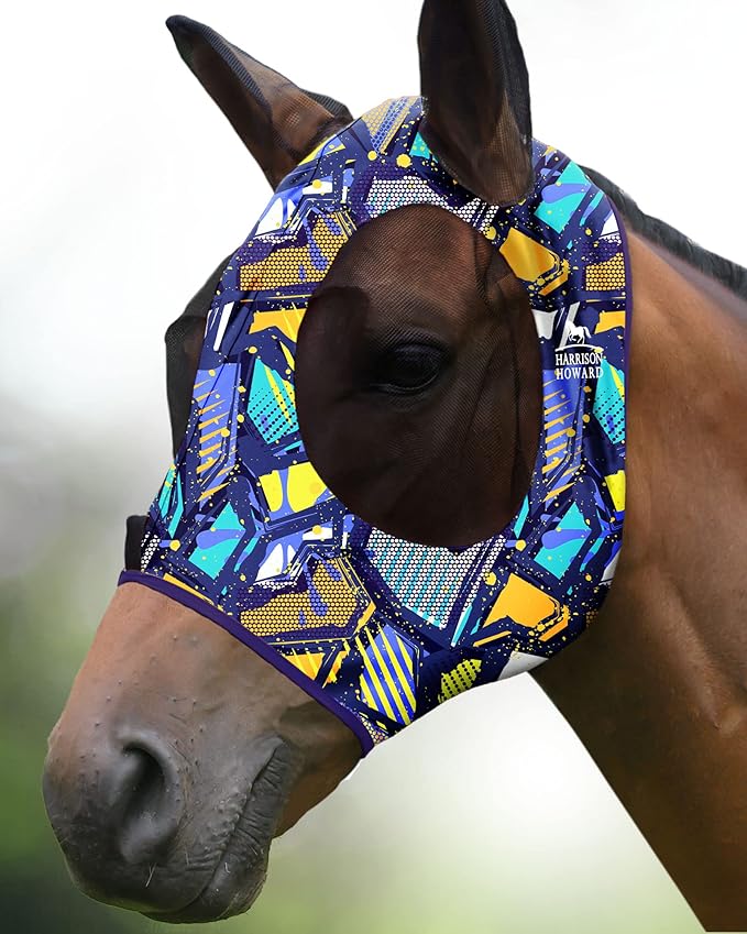 Harrison Howard Super Comfort Stretchy Fly Mask Large Eye Space with UV Protection Soft on Skin with Breathability Graffiti Mix M Cob