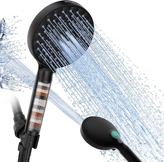 SR SUN RISE Filtered Shower Head with Handheld, High Pressure 9 Spray Mode Matte Black Showerhead with Filters, detachable shower head,Water Softener Filters Beads for Hard Water - Remove Chlorine