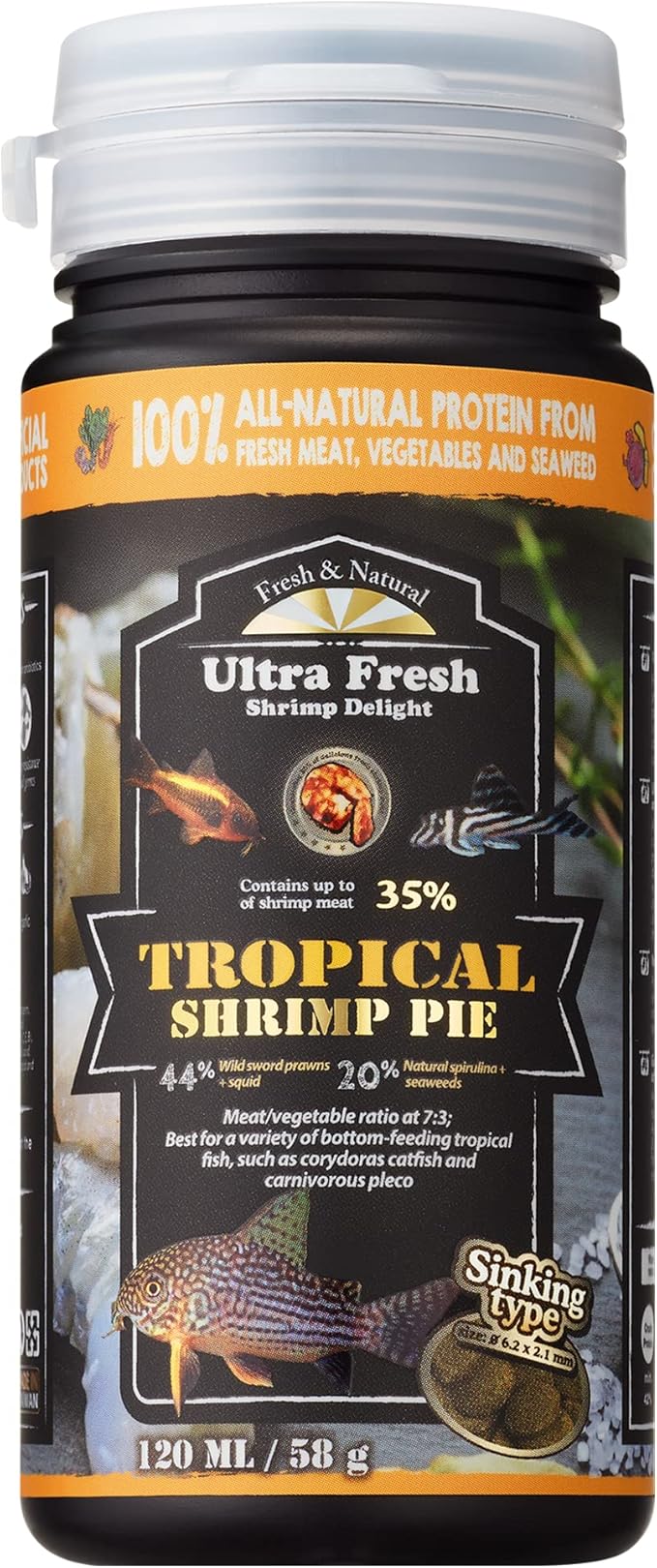 Ultra Fresh Bottom Feeder Fish Food, Sword Prawns, Natural Protein, Balanced Diet, for Catfish, Corydoras, Loaches, Tropical Shrimp Pie 2.05 Ounces