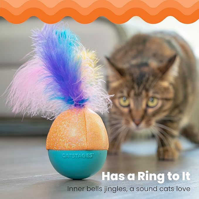 Catstages Whack N' Wobble Ball Intearctive Cat Toy, Weighted Ball with Feathers, Bell, Glitter Fabric & Catnip Oil, Turquoise