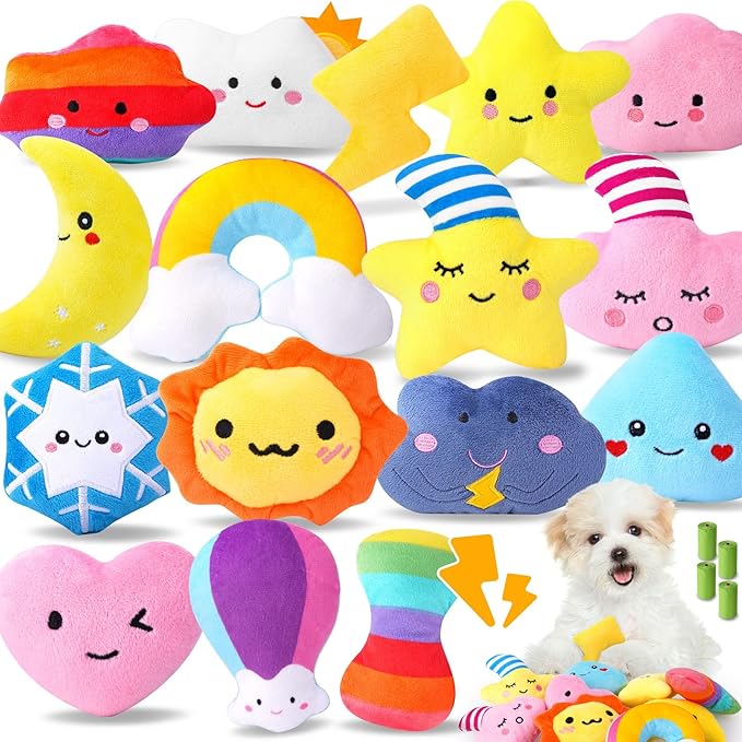 Irresistible Weather-Themed 20-Pack Squeaky Dog Toys Set for Small Dogs & Puppies, Included 16 Plush Toys with Vibrant Characters to Keep Them Busy & 4 Dog Bags