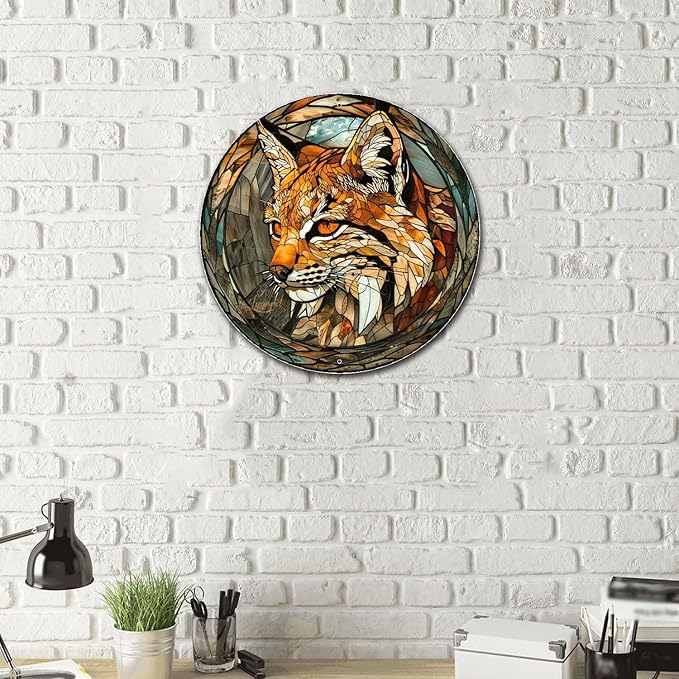 Lygond Metal Sign Tin Sign Circular Stained Glass Bobcat Funny Gardening Gift for Pet 12×12 Inches