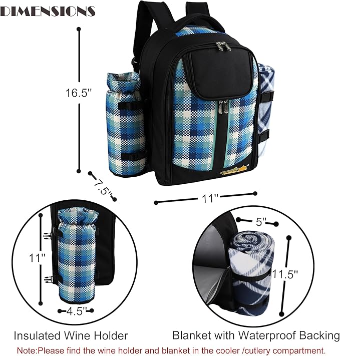 apollo walker Picnic Backpack Bag for 2 Person with Cooler Compartment, Detachable Bottle/Wine Holder, Fleece Blanket, Plates and Cutlery Set