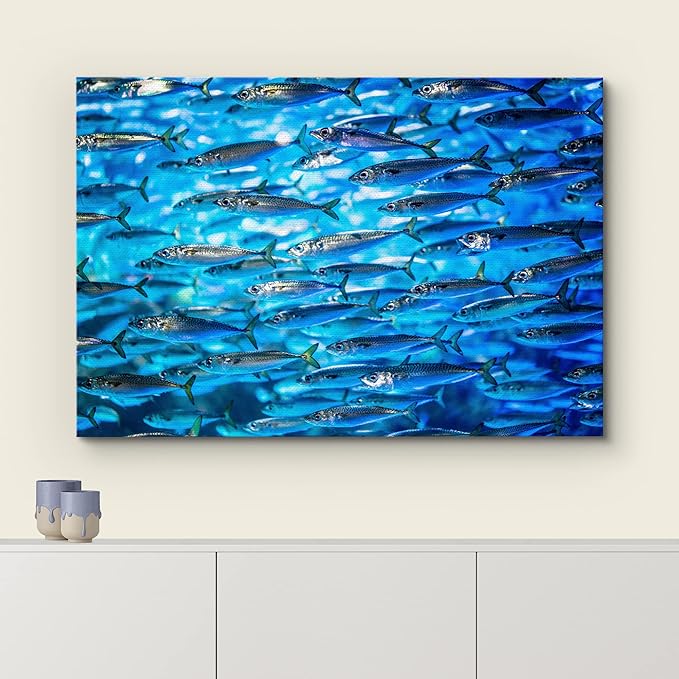 wall26 Canvas Print Wall Art Close Up Sardine School of Fish Underwater Nature Animals Photography Realism Rustic Scenic Landscape Wilderness Earth for Living Room, Bedroom, Office - 12"x18"