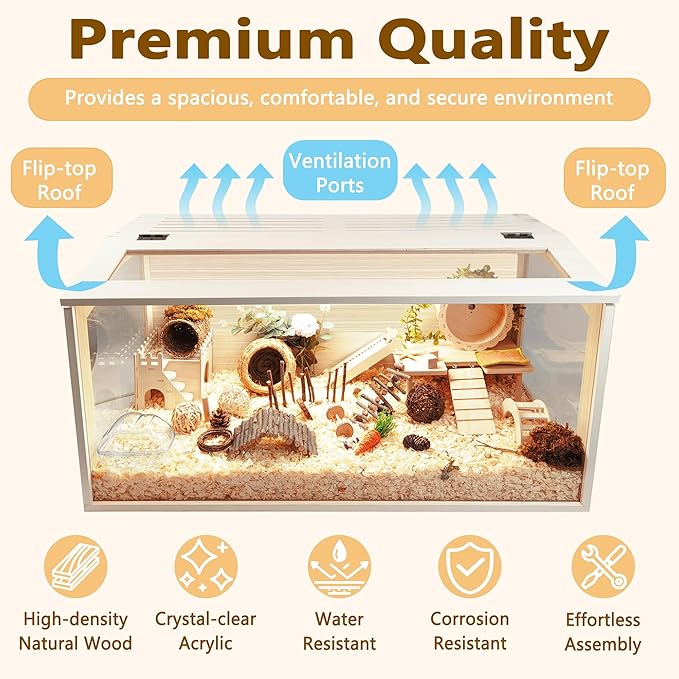 Prolee Hamster Cage Chewproof Wood, Mice and Rat Habitat Openable Top with Acrylic Sheets Solid Built, Small Animal Cage, 40 Inch Length