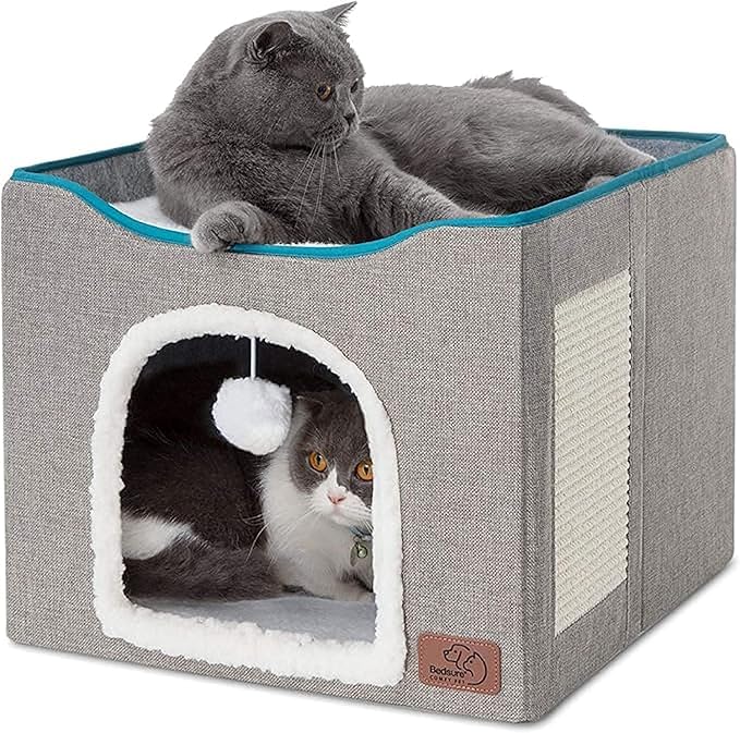 Bedsure Cat Beds for Indoor Cats - Large Cat Cave for Pet Cat House with Fluffy Ball Hanging and Scratch Pad, Foldable Cat Hideaway, 16.5x16.5x13 inches, Grey