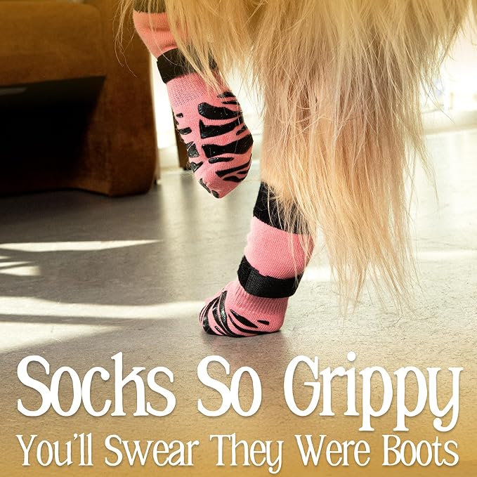DOK TigerToes Premium Non-Slip Dog Socks for Hardwood Floors - Extra-Thick Grip That Works Even When Twisted - Prevents Licking, Slipping, and Great for Dog Paw Protection (Sassy Pink, X-Small)