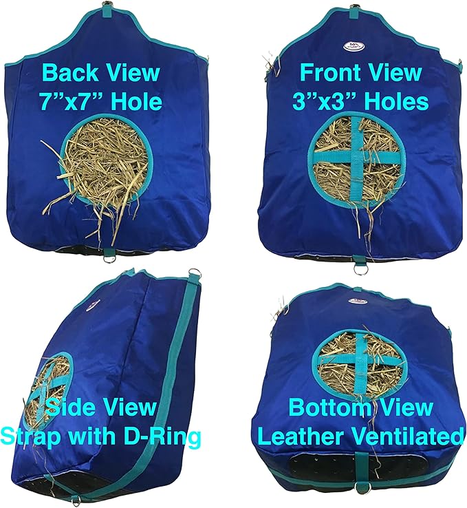 Majestic Ally Nylon Hay Feeder Tote Bag for Horse, Goat, Sheep - Double Sides Open Feed Hole with Faux Leather Ventilated Bottom- Premium Quality -Simulates Grazing - Reduces Waste (Royal Blue)