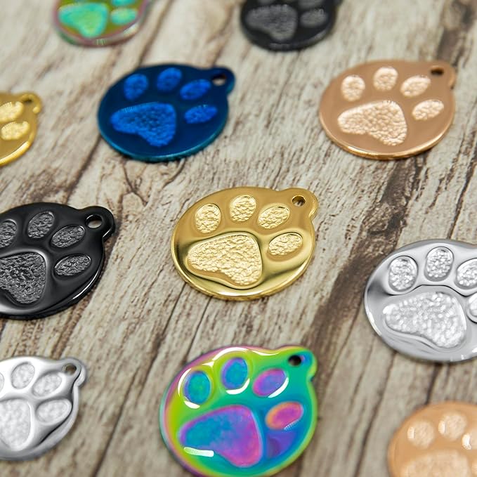 Engraved Pet Tag for Dogs and Cats - Personalized Front & Back up to 4 Lines of Text Custom Engraved ID, Round Paw Print Solid Plating Stainless Steel Nebula Small