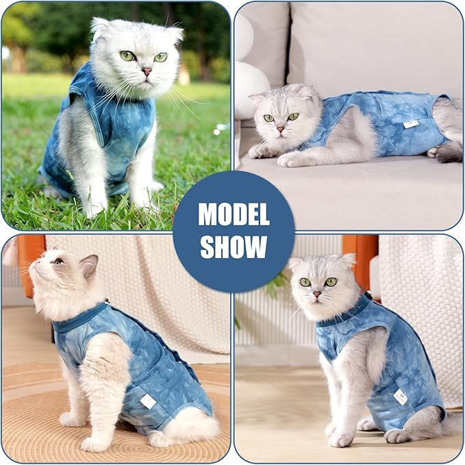 Cat Recovery Suit for Male and Female Surgical Post Surgery Soft Cone Onesie Tie Dye Cats Shirt Clothes Neuter Licking Protective Diapers Outfit Cover Kitten Spay Collar Alternative(Navy Blue, M)