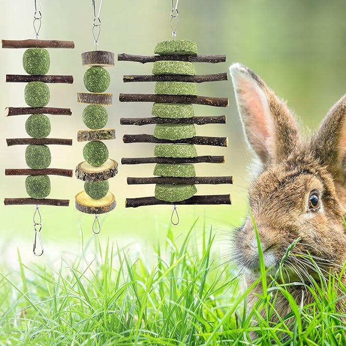ERKOON Bunny Chew Toys, Rabbit Chew Toys for Teeth Grinding, Improve Dental Health, 100% Natural Apple Wood Timothy Grass Cake Treats for Rabbits Guinea Pigs Chinchillas Bunnies Hamsters (3 Pcs)