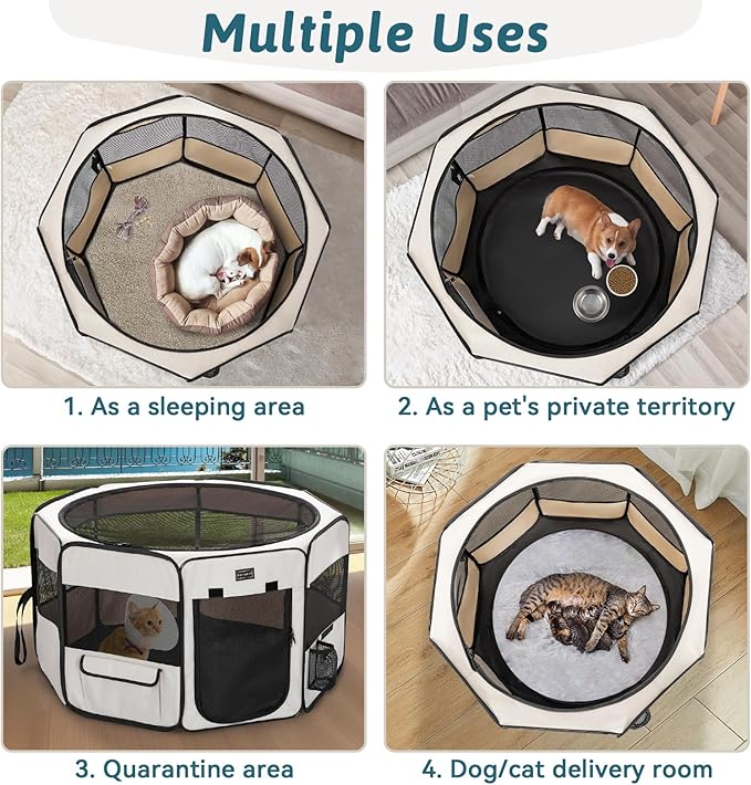 PETSFIT Portable Dog Playpen,36" Dog Play Pen Indoors with Removable Waterproof Mat & Zippered Roof | RV, Camping, Travel Dog Pen | Whelping & Cat Observation Space(36" L x 36" W x 21" H)