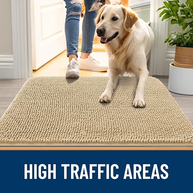 OLANLY Dog Door Mat Set 4-Piece 36x24, Absorbs Moisture and Dirt, Absorbent Non-Slip Washable Doormat, Quick Dry Chenille Mud Mat for Dogs, Entry Indoor Entryway Carpet for Inside Floor, Beige