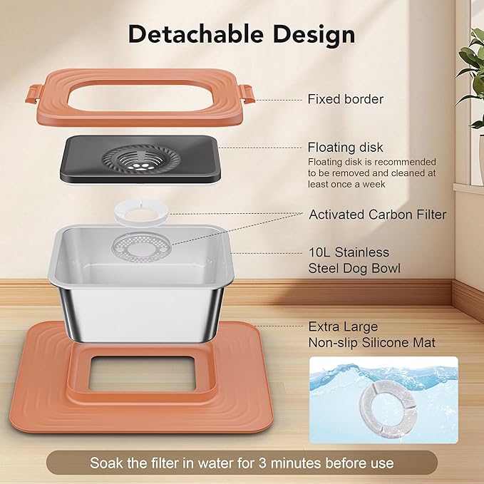 Decflow 10L Stainless Steel Dog Water Bowl, No Spill Anti-Splash Dog Bowls with XXL Silicone Mat, Spill-Proof Slow Feeder for Messy Drinkers, Heavy Duty Pet Bowls for Indoor/Outdoor Use Pink