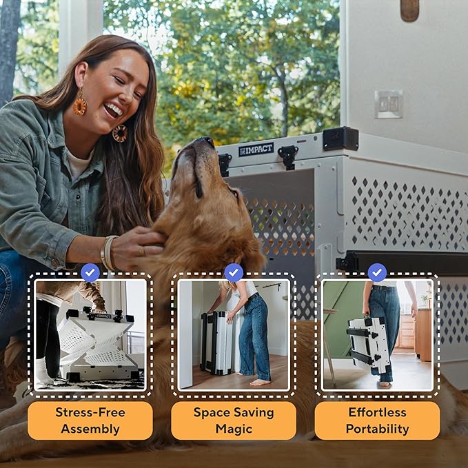 Impact Collapsible Dog Crate - Foldable Hard Crate for Intermediate Dogs - Heavy Duty Travel Kennel with Powder-Coated Aluminum - Quick Setup for Indoor & Outdoor (White, 34" (34.5" L x 23" W x 29" H)