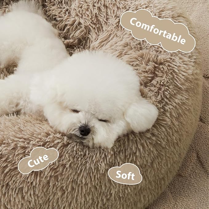 WNPETHOME Calming Dog Bed & Cat Bed,Small Dog Bed Donut Design Faux Fur Anti-Anxiety Dogs Beds,Fluffy Pet Cushion Pet Beds for Small Dogs and Cats (20 x 20 Inch, Brown)