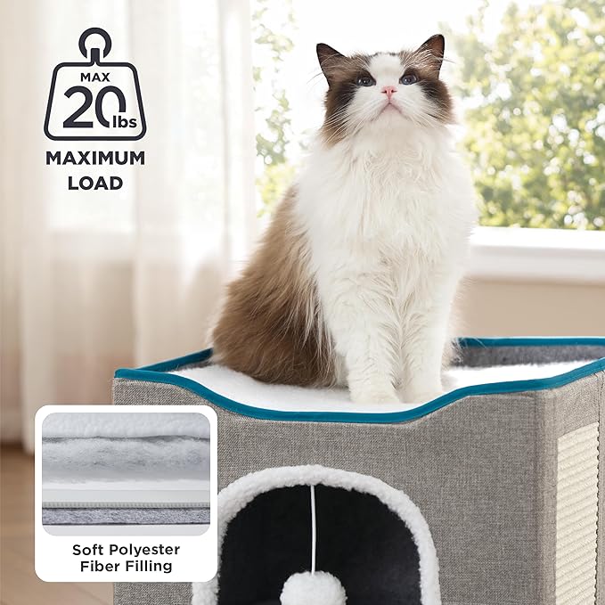 Bedsure Cat Beds for Indoor Cats - Large Cat Cave for Pet Cat House with Fluffy Ball Hanging and Scratch Pad, Foldable Cat Hideaway, 16.5x16.5x13 inches, Grey