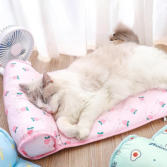 PUMYPOREITY Cooling Dog Bed, Pet Cooling Mat with Pillow, Ice Silk Cooling Dog Blanket, Self Cooling Pad for Cat,Dog, Washable Summer Pet Mat for Kennel, Crates, Sofa, Floor, Pink, L