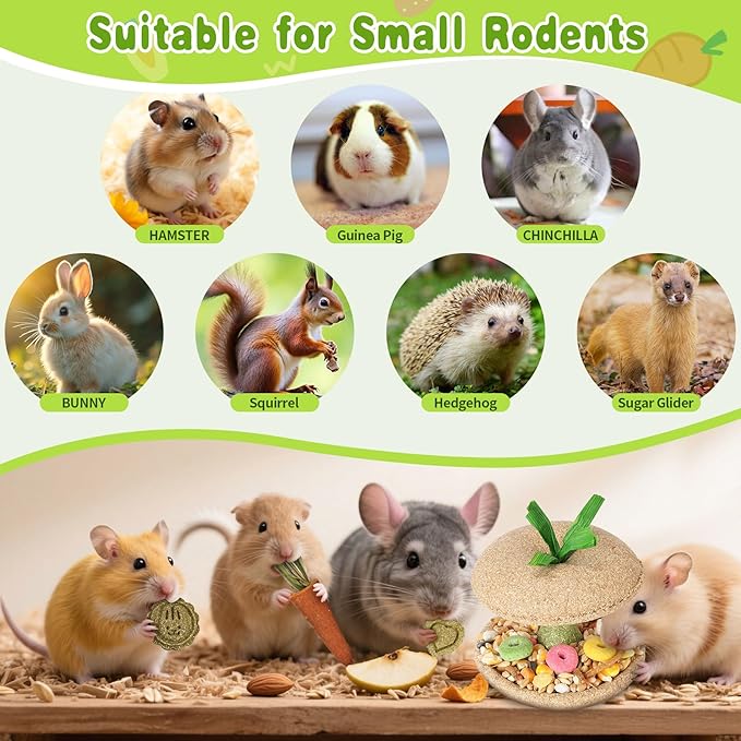 10 PCS Guinea Pig Chew Toys for Teeth, Rabbit Chew Toys Contain Natural Timothy Apple Core, Grass Cake, Carrot and Strawberry;Hamster toys for Bunny Chinchilla Gerbil Dental Care & Treat Teething