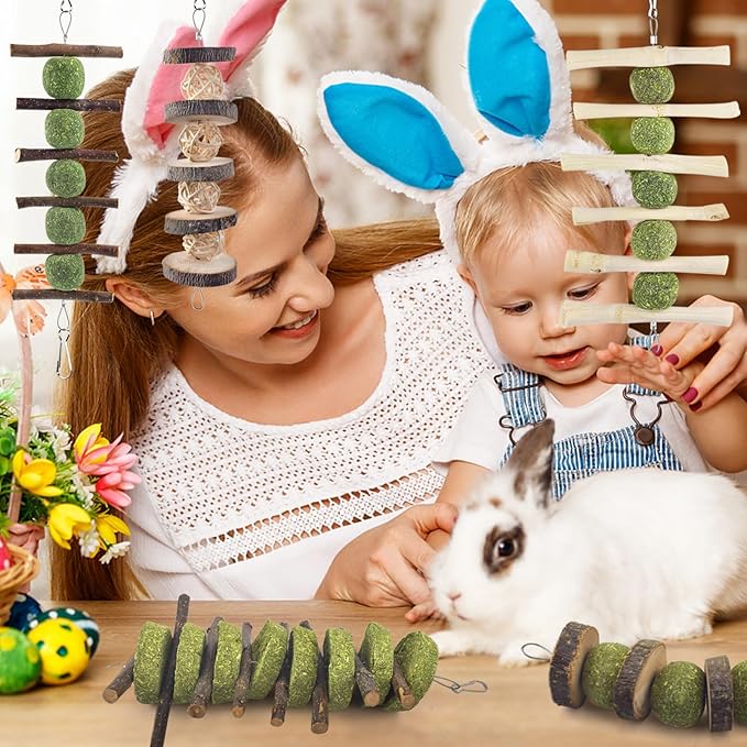 ERKOON Bunny Chew Toys, Rabbit Chew Toys for Teeth Grinding, Improve Dental Health, 100% Natural Apple Wood Timothy Grass Cake Treats for Rabbits Guinea Pigs Chinchillas Bunnies Hamsters (5 Pcs)