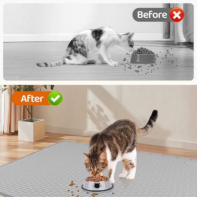 Cat Food Mat, 40" x 28" Extra Large Silicone Pet Feeding Mat with Raised Edge Pet Placemat for Food and Water Bowl Non-Slip, Easy to Clean, Floor Protection (Grey)