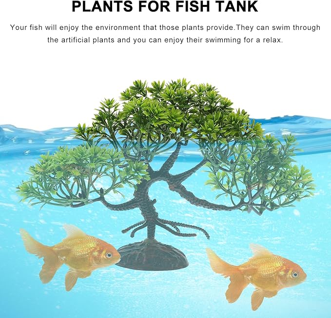 LOGOFUN 4 Pcs Aquarium Bonsai Tree Artificial Water Plant Fish Tank Decorations (Deep Green)