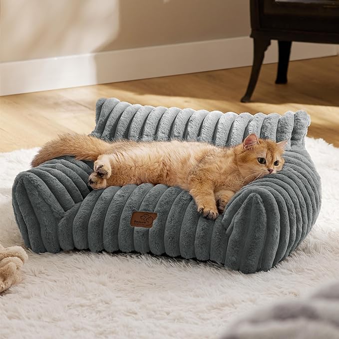 Bedsure Cute Cat Couch for Pets - Fluffy Cat Sofa with Premium Soft Corduroy Fleece, Fuzzy Pet Couch Bed with Removable Washable Cover, Supportive Pet Chair for Indoor Cats, 24inch, Warm Grey