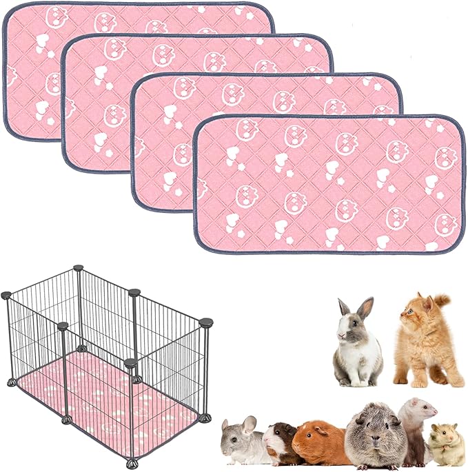 4 Pack Guinea Pig Bedding - Washable Guinea Pig Liners for C&C 2x1 Cage, Waterproof Reusable & Anti Slip Pee Pads Super Absorbent Mats for Small Animal Rabbit Hamster Rat (Pink, 28 x 14 Inch)
