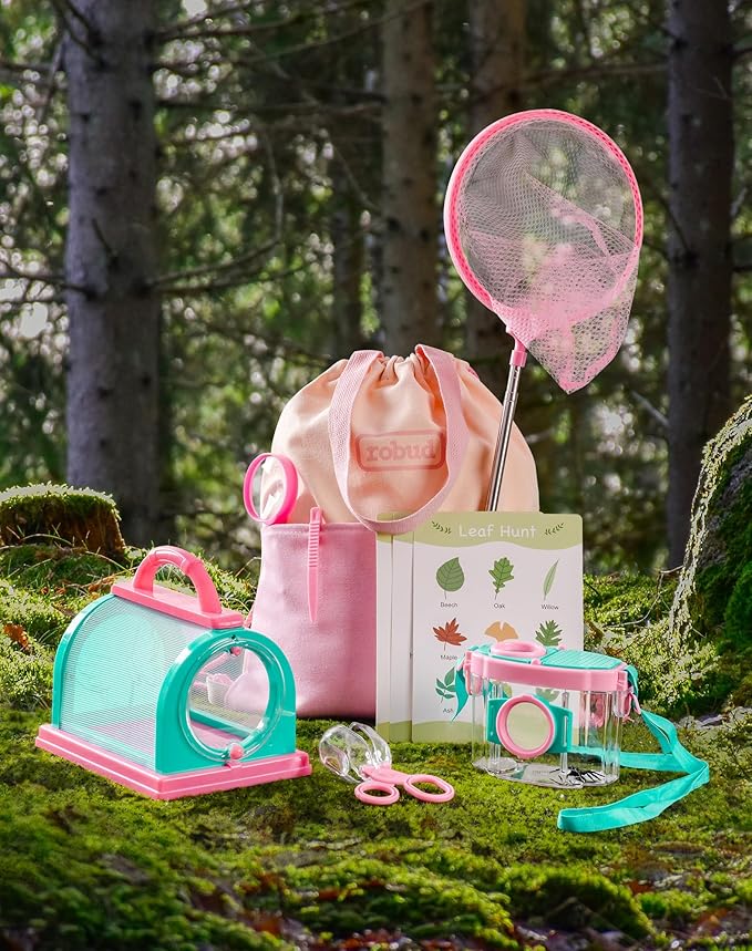 ROBUD Kids Explorer Kit, Bug Catcher Kit with Bag Kit, Pink Outdoor Exploration Set for Camping, Montessroi Toy for Kids Coming Closer to Nature，WRP28