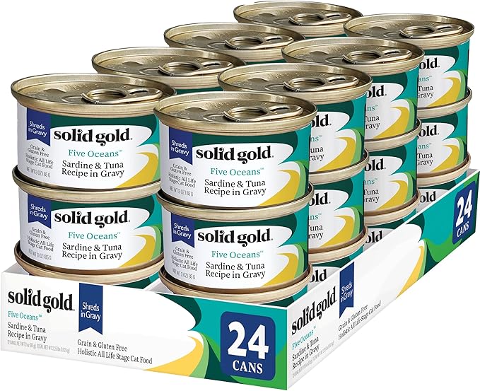 Solid Gold Wet Cat Food Shreds in Gravy - Healthy Canned Cat Food Made w/Real Tuna, Sardine, Vitamins, Minerals & Taurine - Grain Free & Gluten Free Canned Meals for Cats & Kittens - 24ct/3oz Can