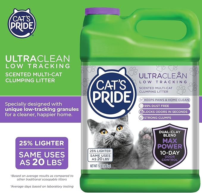 Cat's Pride Max Power: UltraClean Low Tracking Multi-Cat Clumping Litter - Keeps Paws & Home Clean - Up to 10 Days of Powerful Odor Control - 99% Dust Free - Fresh Scent, 15 Pounds