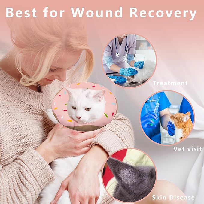 Cat Cone Collar Soft, Adjustable Cat Recovery Collar Kitten Cones to Stop Licking, Cute Donut E Collar After Surgery, Cats Neck Pillow Cone Elizabethan Cones of Shame (Waterproof Pink, Large)