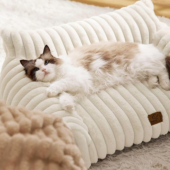 Bedsure Cute Cat Couch for Pets - Fluffy Small Dog Sofa with Premium Soft Corduroy Fleece, Pet Sofa with Removable Washable Cover, Supportive Dog Couch Bed for Small Medium Dogs, 30inch, Cream