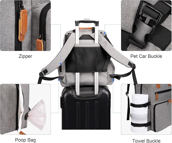 Modoker Dog Travel Bag, Airline Approved Backpack for Pet Accessories Organizer, Tote Weekend Bag with 2 Dog Food Storage Containers, 2 Collapsible Dog Bowls, 1 Pet Mat, Grey