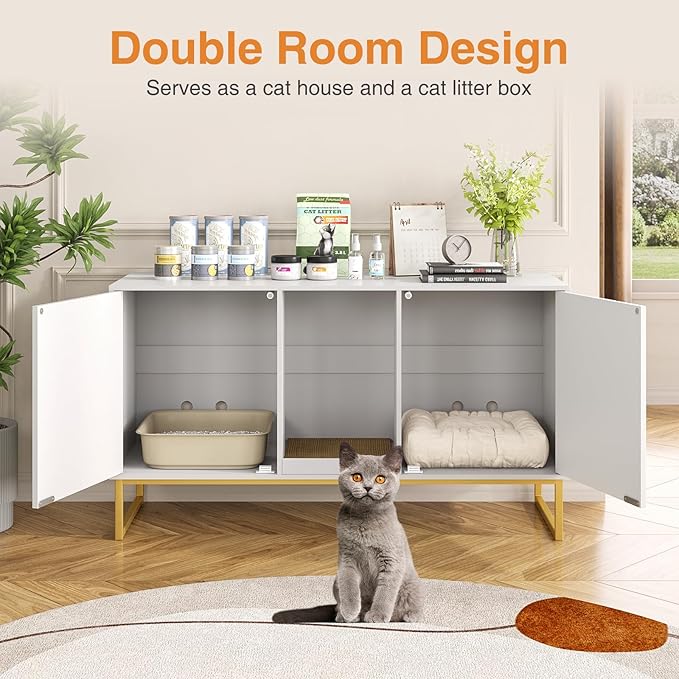 Litter Box Enclosure for 2 Cats, Fluted Hidden Cat Litter Box Furniture with Scratch Pad and Metal Legs, Modern Double Room Kitty House for Living Room, Washroom, 47.2”L x 17.7”W x 25.9”H, White