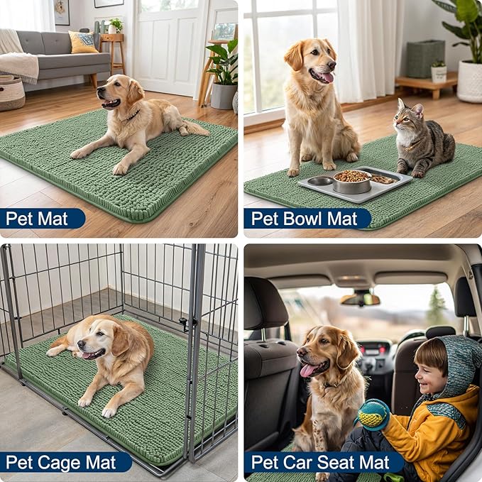 Smiry Dog Door Mat for Muddy Paws 30x20, Absorbs Moisture and Dirt Doormat, Non-Slip Washable Quick Dry Chenille Front Door Mat Indoor Entrance, Entryway Carpet for Inside Floor, Olive Green