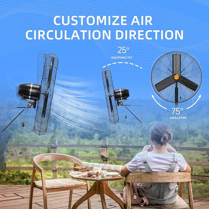 24 inch Outdoor Oscillating Wall Mounted Fan, High Velocity IPX4 Waterproof 7600 CFM Industrial Metal Wall Fan, 2 Speed, Adjustable Tilt, for Greenhouse, Patio, Garage, Workshop