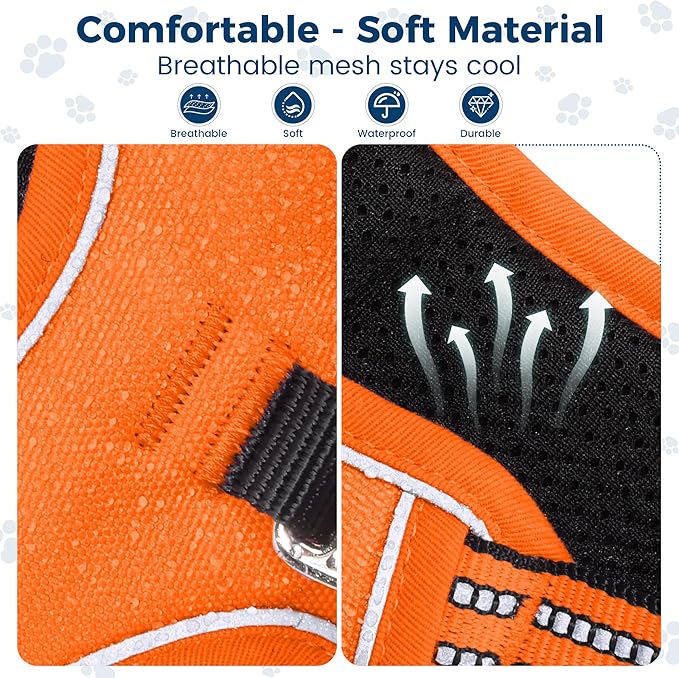 Funfox Dog Harness No Pull, Adjustable Pet Vest Harness, Super Soft Material with Vertical Handle Easy Control, Reflective Night Walking, 2 Leash Clips for Large Dogs, Orange, L